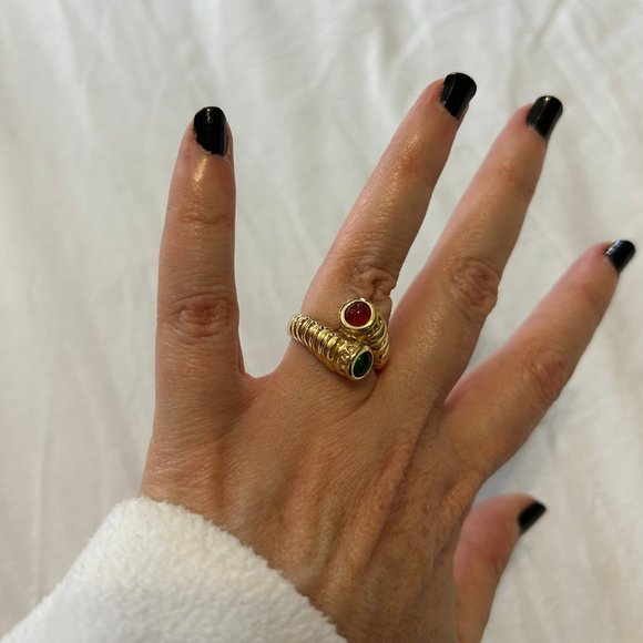 Gold & Cabochon Green & Red Gemstone Bypass Ring - Picture 7 of 10